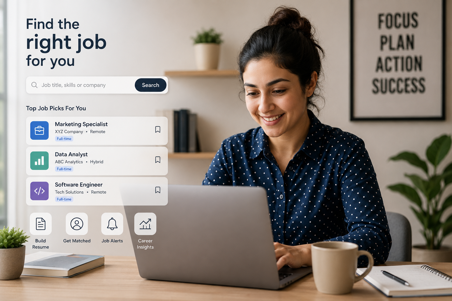 Job search website mockup showing a person smiling while browsing job listings on a laptop